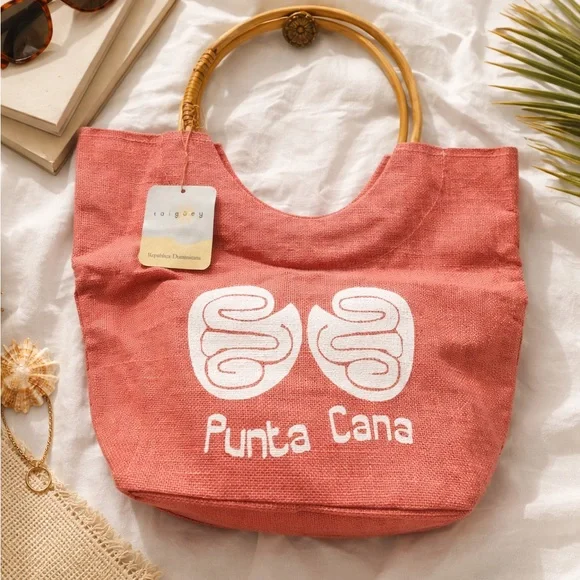 Taigüey Coral Tote Bag with Bamboo Handles - Punta Cana Print - Picture 1 of 3